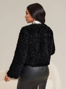 SHEIN Lady 女士纯色长袖前开襟毛绒短款开衫（冬季） - 黑色 - 查看 2