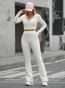 Flirla Women's Solid Color Long Sleeve Hooded Zip-Up Cardigan & Knitted Pants Set, Autumn/Winter Fall Cloth For Women