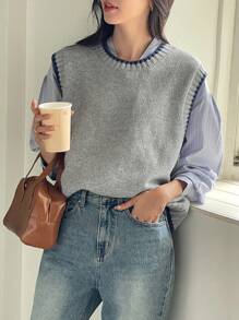 DAZY Damen lässige Strickveste mit Farbblockdesign, Herbst - Hellgrau - Übersicht 6