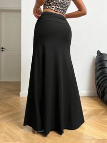 SHEIN EZwear Women's Fall/Winter Y2K Coachella  Music Festival Sexy Fashion Rib Knit Stretchy Pleated High Split Comfy Black Mid Rise Maxi Skirt For Halloween Party And New Year Eve