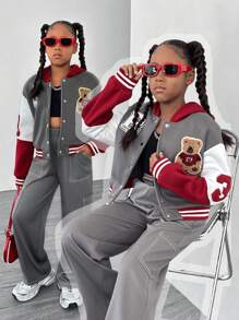 SHEIN 2 件 Tween Girl 对比拼布字母熊连帽飞行员夹克和裤子套装，街头服饰 - 彩色 - 查看 1