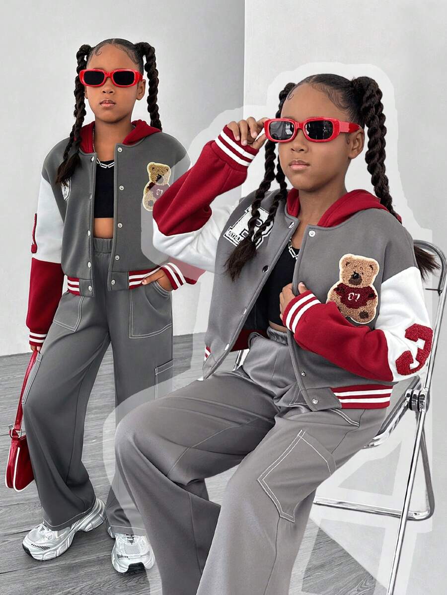SHEIN 2 件 Tween Girl 对比拼布字母熊连帽飞行员夹克和裤子套装，街头服饰 - 彩色 - 查看 1