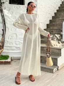 EURMUSE 女士长袖钩针针织长裙，适合夏季海滩度假 - 米色 - 查看 4