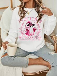 SHEIN LUNE Halloween Ghost Pink Ribbon Breast Cancer Awareness Month Casual Minimalist Graphic Print Loose Fit Thick Crew Neck Long Sleeve Women Hoodie Sweatshirt In Fall/Winter - White - View 4