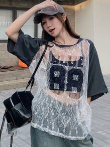 DAZY Women Lace & Satin Panel Colorblock Short Sleeve Loose T-Shirt Going Out Tops Sheer - Multicolor - View 2