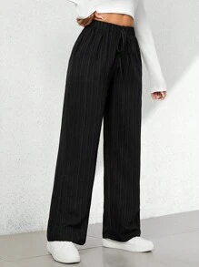 SHEIN PETITE Summer Casual Textured Wide-Leg Capri Pants - Black - View 6