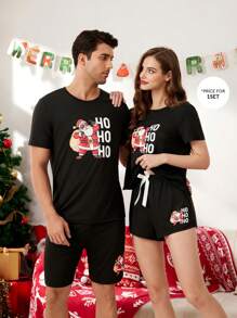 CoupledUp Santa Claus Print Short Sleeve Top & Shorts Pajama Set For Men, For Christmas - Black - View 1