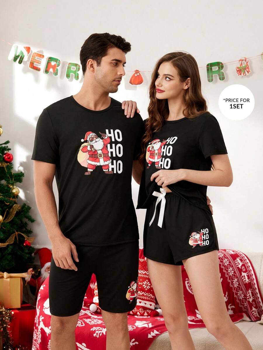 CoupledUp Santa Claus Print Short Sleeve Top & Shorts Pajama Set For Men, For Christmas - Black - View 1