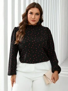 SHEIN Clasi Plus Size Women's Elegant Heart Embroidery Ruffle Collar Long Sleeve Shirt, Suitable For Christmas & Winter - Green - View 5