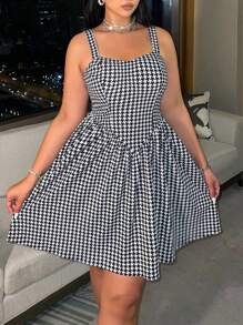 Flirla Plus size zomerse casual jurk met pied-de-poule-print en geplooide bandjes