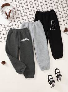 Young Girl A-Letter Applique Print Thermal Lining Casual Sweatpants With Cinched Waist, Black/Gray/Dark Gray, Multiple Pieces Set For Autumn/Winter - Multicolor - View 3