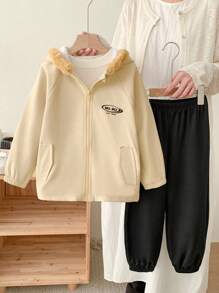 SHEIN 2pcs/Set Young Boy Casual Fleece Jacket And Elastic Waist Pants Set, Suitable For Autumn, Spring And Winter - Green - View 8