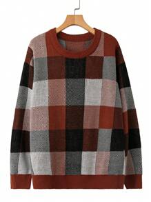 SHEIN LUNE 大码女式秋季格子圆领长袖休闲毛衣，秋冬 - 卡其色 - 查看 3