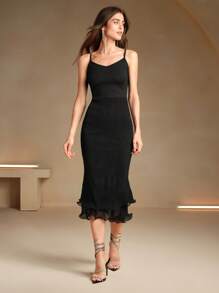 Anewsta Robe moulante à coupe sirène en tricot de couleur unie pour femme, élégante, couleur noire