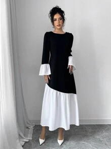 Elenzga 女式优雅拼色喇叭袖长裙，秋季 - 彩色 - 查看 5