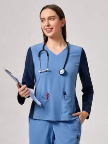 TaskEZ 女式 V 领长袖双口袋撞色休闲女式 T 恤刷牙制服衬衫和女士工作服直筒裤刷牙制服、健康检查手术服刷牙制服女式纯色宠物美容工作刷牙制服套装营养师工作服短袖实验室工作服女式两件套，多口袋功能性工作服，下身松紧腰带方便穿脱