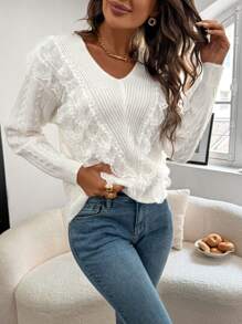 Chiquease Elegant Romantic Lace Trim V-Neck Women Sweater Knit Pullover Fall Winter Outfit - White - View 6