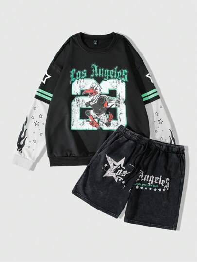 Street Life 2 pezzi Tuta casual da uomo con stampa di cartoni animati e lettere, colori a contrasto, ampia, set di felpa e pantaloni, completo sportivo autunnale