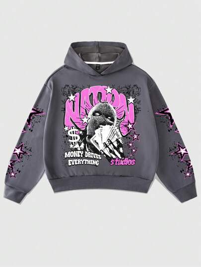 Street Life Men's Autumn/Winter Letter Balaclava Graphic Print Casual Hoodie, Street Style