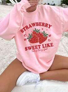 青少年女孩圆领长袖休闲草莓印花运动衫 - 粉色 - 查看 1