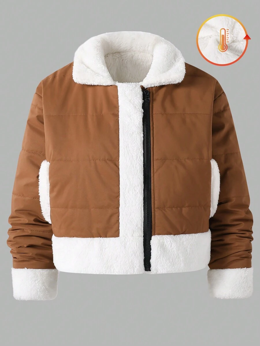 Abrigo acolchado casual estilo corto para adolescentes niñas - Caqui - Ver 1