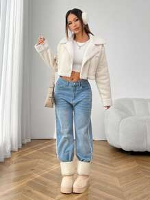 SHEIN PETITE Chaqueta de cuero de PU con cuello de piel corto para mujer en otoño/invierno - Albaricoque - Ver 4