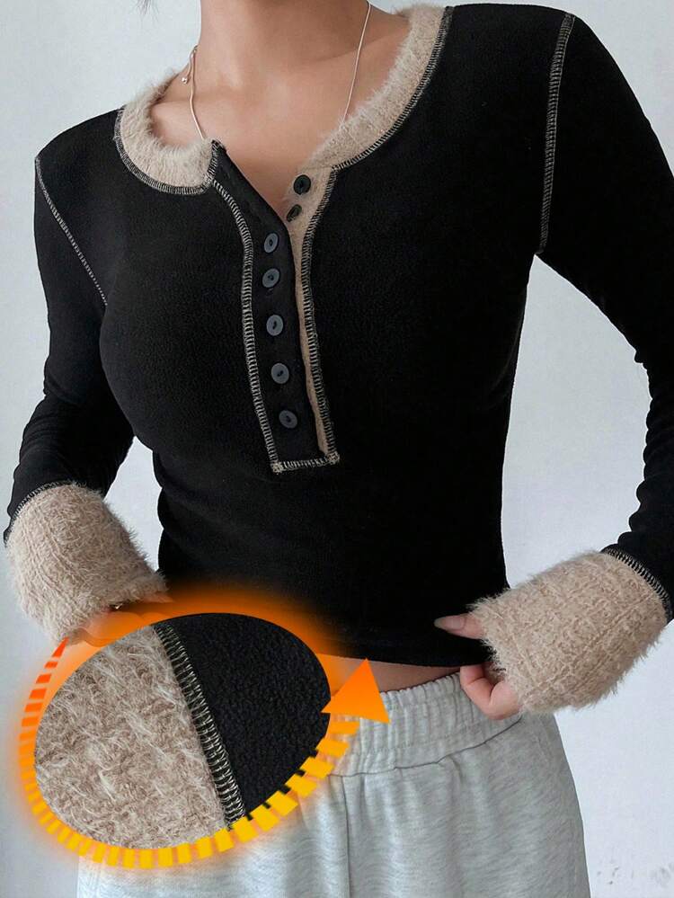 Women's Casual Versatile Contrast Color Fleece T-Shirt, Autumn/Winter,Thermal Lined Long Sleeve Top