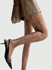 ROMWE Fairycore 1pair Gothic Rose Lace Jacquard Hollow Out Fishnet Socks, For Women, All Season