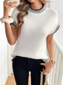 SHEIN Frenchy Áo len tay ngắn viền tương phản thường ngày cho nữ, mùa thu - Màu be - Xem 3