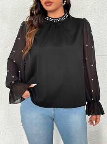 Vionelle Elegant Romantic Stand Collar Long Sleeve Chiffon Shirt With Pearl Decor And Ruffle Cuffs Fall Cloth For Women - Black - View 7