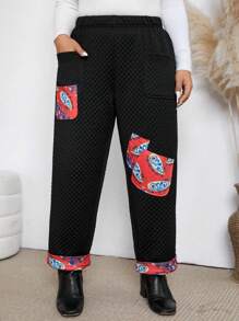 大码佩斯利印花休闲直筒裤，带口袋