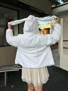 SHEIN MOOSTA Plus Size 1pc Adorable, Quirky, Elegant, Sweet Regular White Rabbit Ear Hoodie - White - View 2