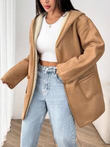 SHEIN EZwear 女款复合羊毛连帽衫 - 棕色 - 查看 5