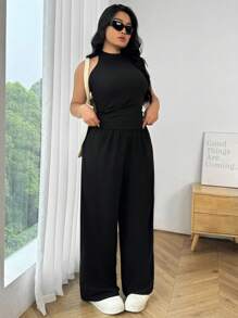 SHEIN EZwear 2 Piezas Conjunto de top halter y pantalones de talla grande para mujer, color negro