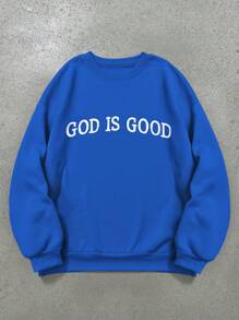 INAWLY 女士基本款圆领字母印花长袖运动衫、休闲日常装、长袖上衣 - 寶藍色 - 查看 2