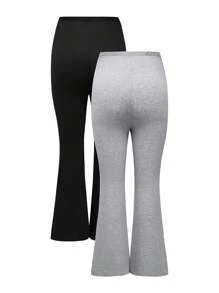 Modmama 2pcs Maternity High Waist Flared Pants, Solid Color Adjustable Waistband Pregnancy Trousers