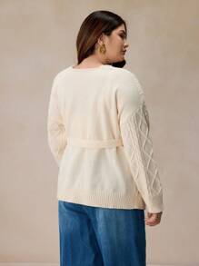 Elaquor Plus Size Casual Solid Color Drop Shoulder Loose Cable Knit Argyle Cardigan With Belt