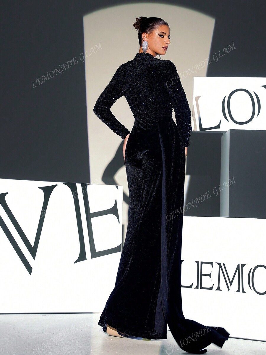 Women's Long Sleeve Sparkly Slit Party Dress, Suitable For Parties