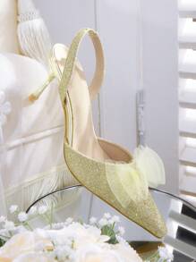 CUCCOO HITCHD Pointed Toe Elegant Stilettos High Heel Sequin Bow Tie Party & Date Night Dress Sandals For Women - Gold - View 14