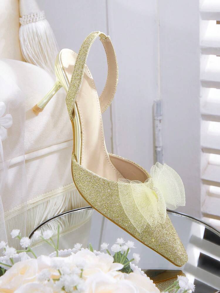 CUCCOO HITCHD Pointed Toe Elegant Stilettos High Heel Sequin Bow Tie Party & Date Night Dress Sandals For Women