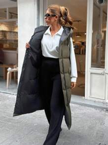 EURMUSE TIED-UP HOODED SNAPPED LONG ZIPPER VEST COAT - Khaki - View 6