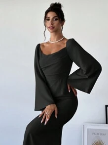 Firerie Women's Large Collar Structure Design Flare Sleeve Elegant Dress - Black - View 1