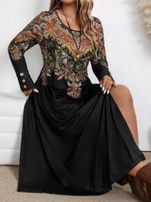 Plus Size Round Neck Long Sleeve Printed Minimalist Split Maxi Casual Dress - Multicolor - View 1