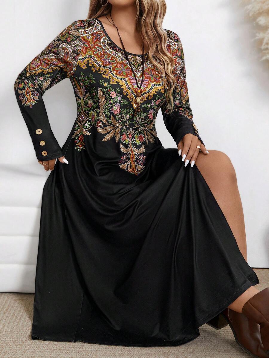 Plus Size Round Neck Long Sleeve Printed Minimalist Split Maxi Casual Dress - Multicolor - View 1