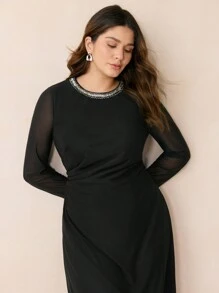 BizChic 大码秋季黑色优雅亮片装饰通勤连衣裙