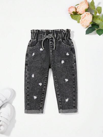 SHEIN Playful Pals Baby Girl Floral Embroidered Denim Trousers With Drawstring And Frayed Hem,Holiday,Summer,Travel