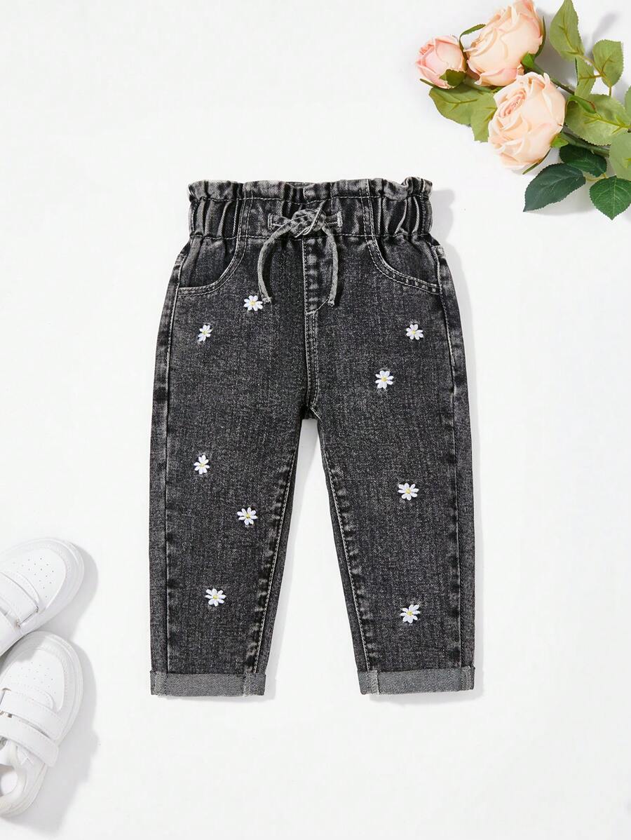 SHEIN Playful Pals Baby Girl Floral Embroidered Denim Trousers With Drawstring And Frayed Hem,Holiday,Summer,Travel - Dark Grey - View 1