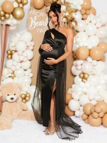 Loomaby Vestido de embarazada elegante con un hombro, corte calado, empalme de malla y abertura alta, para fiesta de baby shower, otoño - Negro - Ver 5