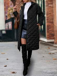 SHEIN LUNE Women Casual Solid Color Tie-Up Regular Fit Mid-Length Padded Coat, Suitable For Autumn/Winter Everyday Wear - Black - View 3