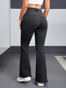 SHEIN EZwear 女式休闲做旧心形细节原始下摆喇叭牛仔裤 - 深灰色 - 查看 2